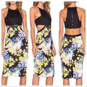 Elliatt Revolve Botanic Midi Cutout Dress Women’s Floral Black Mesh Top Cocktail